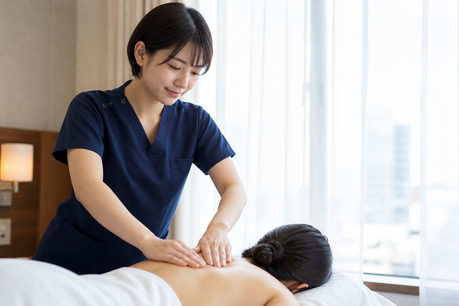 Asian massage therapist hotel room session