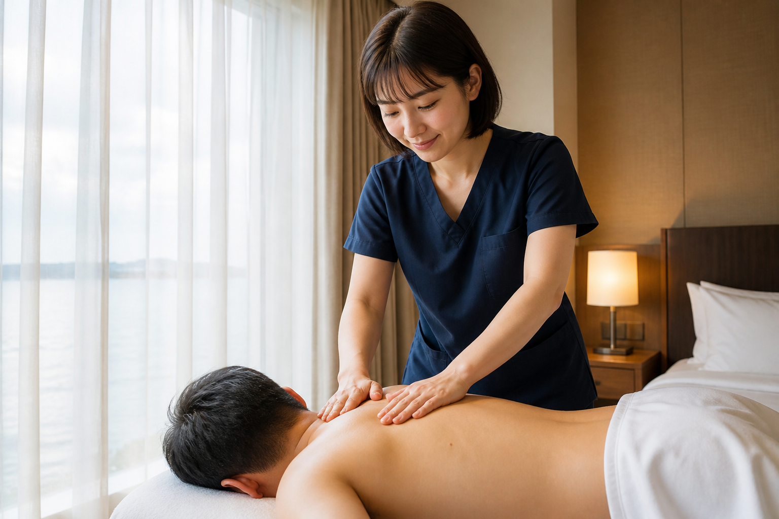 Asian massage therapist hotel room session